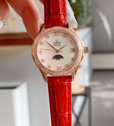 Omega Pearl-Shell Dial Quartz Movement Stainless Steel 30MM Women Leather Strap Watch